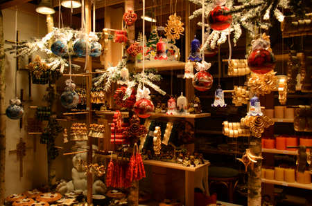 Christmas Market products, Vienna, Austria. Arts and crafts, and some food products, for sale on a market during the winter period leading up to Christmasのeditorial素材