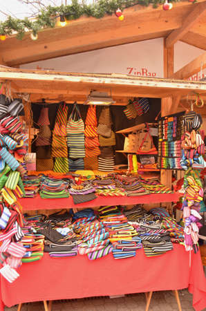 Christmas market products. Arts and crafts, and some food products, for sale on a market during the winter period leading up to Christmas, Budapest, Hungaryのeditorial素材