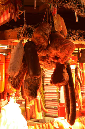 Christmas market products. Arts and crafts, and some food products, for sale on a market during the winter period leading up to Christmas, Budapest, Hungaryのeditorial素材