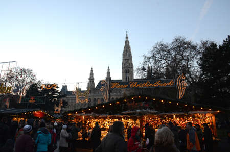 Christmas Market, Vienna, Austria. Constructed around the Rathaus (Town Hall) this market, a European tradition, operates during the winter period leading up to Christmasのeditorial素材