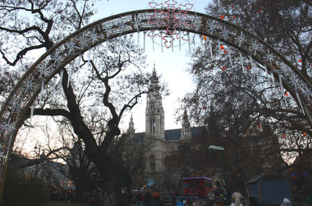 Christmas Market, Vienna, Austria. Constructed around the Rathaus (Town Hall) this market, a European tradition, operates during the winter period leading up to Christmasのeditorial素材