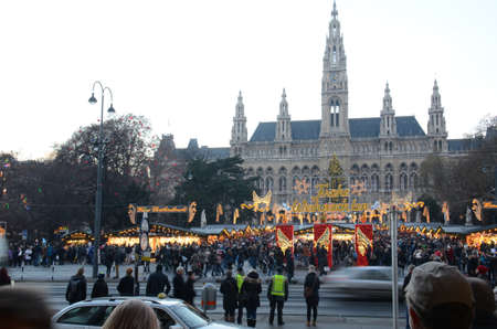 Christmas Market, Vienna, Austria. Constructed around the Rathaus (Town Hall) this market, a European tradition, operates during the winter period leading up to Christmasのeditorial素材