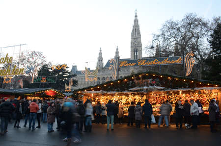 Christmas Market, Vienna, Austria. Constructed around the Rathaus (Town Hall) this market, a European tradition, operates during the winter period leading up to Christmasのeditorial素材