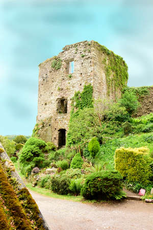 Usk castle. A Medieval castle circa 1138, still partially intact after centuries of European weather, here in Monmouthshire, Walesの写真素材