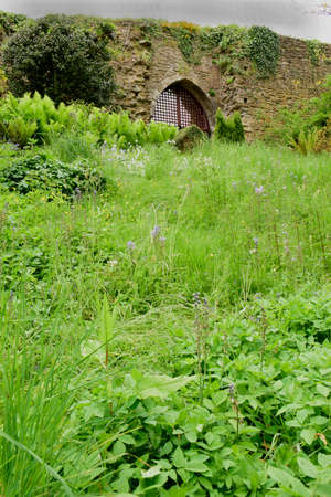 Usk castle. A Medieval castle circa 1138, still partially intact after centuries of European weather, here in Monmouthshire, Walesのeditorial素材
