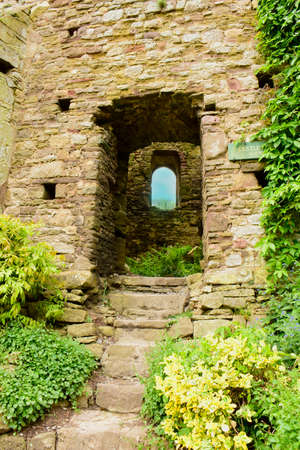 Usk castle. A Medieval castle circa 1138, still partially intact after centuries of European weather, here in Monmouthshire, Walesのeditorial素材