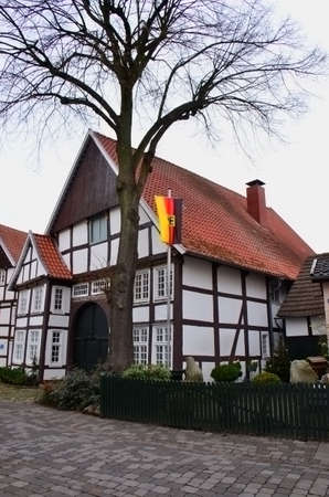 German style buildings, some constructed with large visible beams, date back many centuries, Germanyのeditorial素材