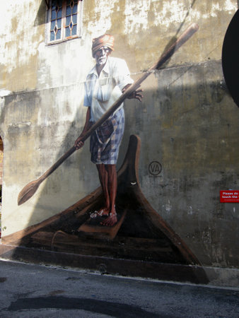 Paintings and sculptures, mostly by anonymous artists, are a common sight on and around buildings in Georgetown, Malaysiaのeditorial素材