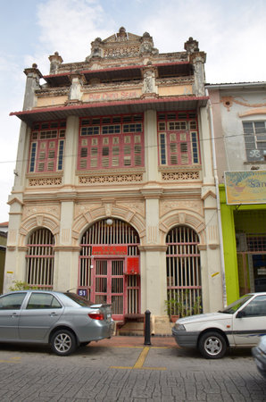 Old buildings, colourful and well maintained, or in the process of being refurbished in Georgetown on the island of Penang, Malaysiaのeditorial素材