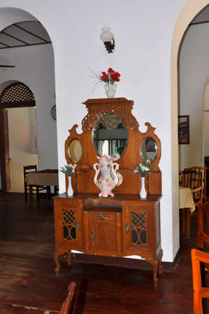 Antique furniture. Intricately crafted furniture, part of the dÃ©cor in this Sri Lankan restaurantの写真素材