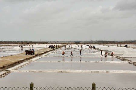 Salt evaporation lakes. Sea water lakes from which the water evaporates leaving salt to be collected, Sri Lankaの写真素材