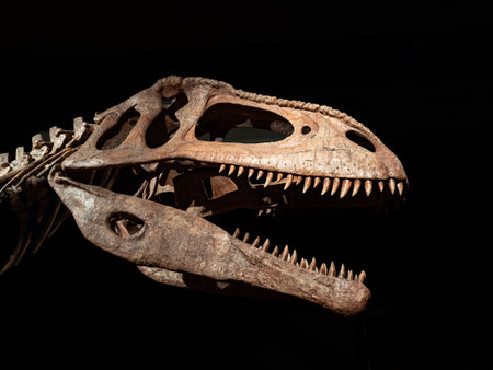 Dinosaur skeleton isolated on black background, closeup of animal skullの写真素材