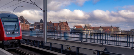 Train arriving at the station in Bruges, Belgium.