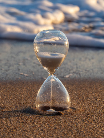 Hourglass on the sand by the sea. Concept of time and deadlineの写真素材