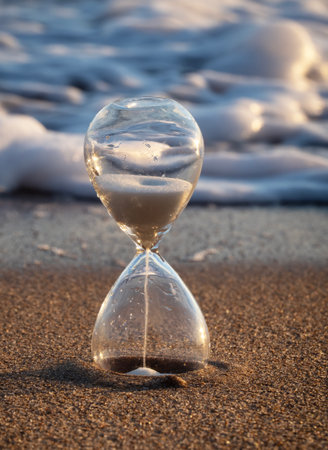 Hourglass on the beach at sunset. Concept of time passing.の写真素材