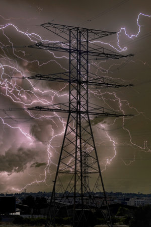 Lightning strikes the electricity pylons in the city at nightの写真素材