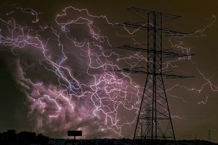 Electricity pylons and lightning in the night sky.の写真素材