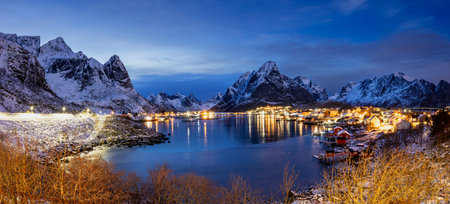 Panoramic view of Reine village on Lofoten islands in winter, Norway
