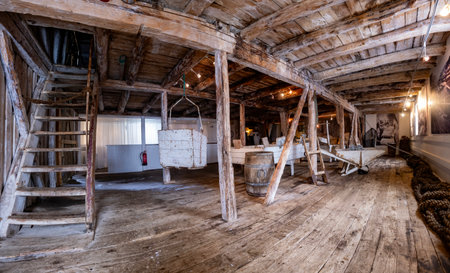 Interior view of an old wooden farmhouse in the countryside of California