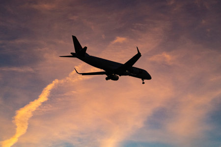 Silhouette of a passenger plane flying in the sky at sunset