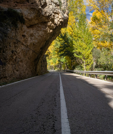 Asphalt road in the mountains. Beautiful autumn landscape. Road in the mountains.の写真素材