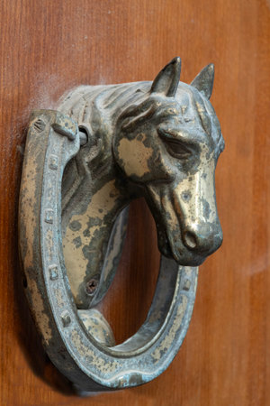 Horse head knocker on a wooden door, closeup of photoの写真素材
