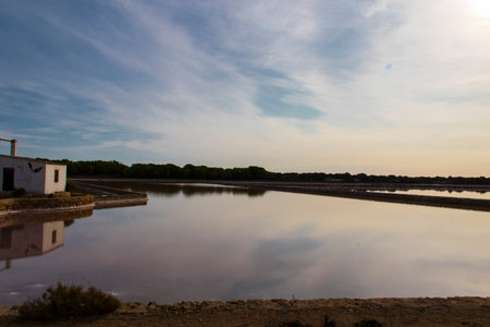 Reflection of the sky and clouds in the waterの写真素材