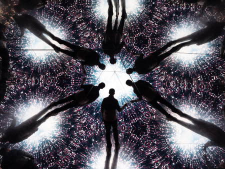 Silhouette of a man and a woman in the center of fireworks