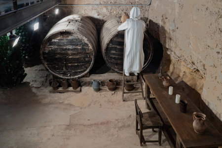 Wine barrels in a wine cellar. Wine cellar with wine barrels. Wine cellar.