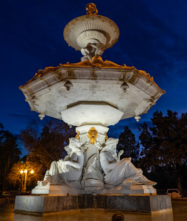 Fountain of the Four Rivers at night, Madrid, Spain.の写真素材