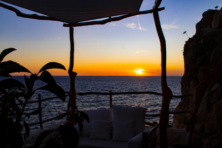 Sunset on the sea in Montenegro. View from the terrace of the houseの写真素材
