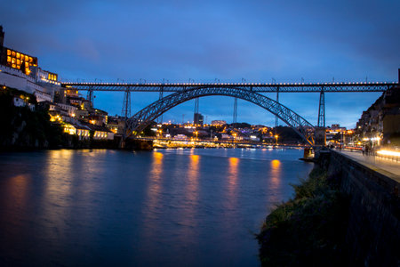 Dom Luis I Bridge in Porto, Portugal at blue hour.の写真素材