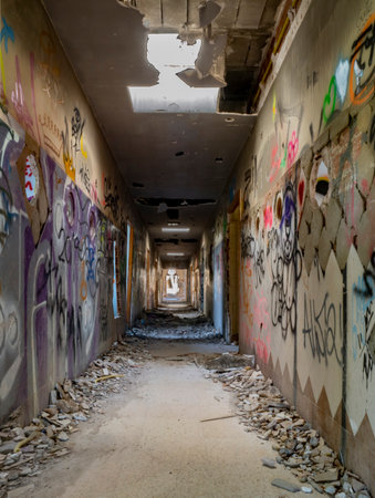 Abandoned corridor with graffiti on the walls of a building.の写真素材