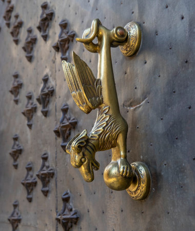 Detail of a door with a lion's head knocker.の写真素材