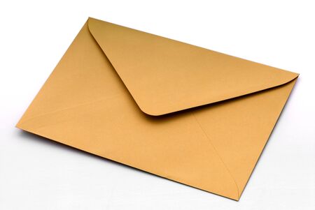 Back of brown mail envelope with slightly opened coverの写真素材