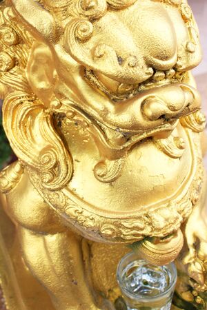 Gold stone lion statue in Thailand の写真素材