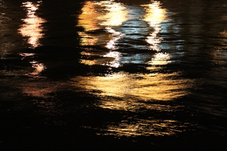 Golden Reflections on River at Night, England の写真素材