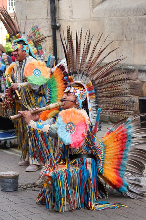 Aztec/ Maya Busker in Traditional Dress, England.のeditorial素材