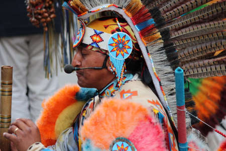 Aztec/ Maya Busker in Traditional Dress, England.のeditorial素材