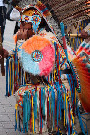 Aztec/ Maya Busker in Traditional Dress, England.のeditorial素材