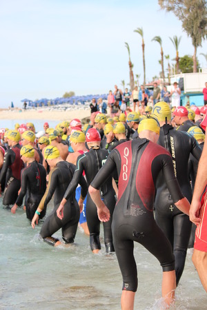 Ayia Napa Triathlon, Cyprus, Sunday 3rd April 2016; 750m Swim.のeditorial素材