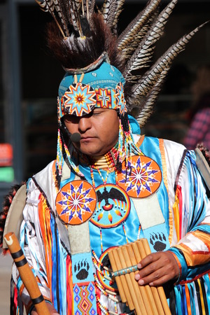 South American Indian Musicians in Traditional Costume Playing Panpipes.のeditorial素材