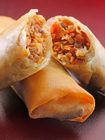 A close up of spring rolls
