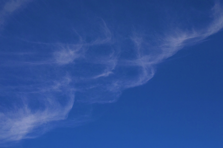 Cirrus clouds fill half the frame of a summertime photo of an otherwise clear sky
