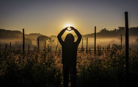 Silhouette young woman enjoying a moment outdoors and with heart symbol.の写真素材