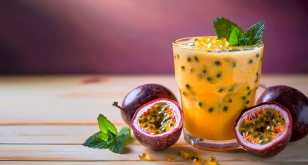 A refreshing yellow passion fruit juice decorated with sprig of mint and passion fruit slices on wooden surface with soft red purple background. Concept for drink minimalist style.の素材