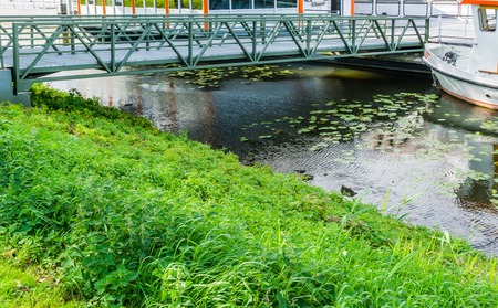 iron bridge in a river pond landscapeの写真素材