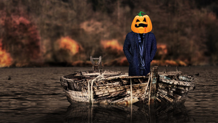 halloween scary pumpkin ghost face with bloodの写真素材