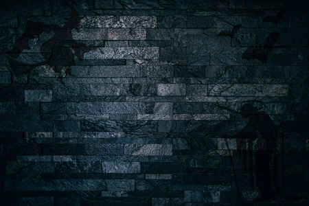 Halloween Scary shadows of witches and bats on a dark brick wall backgroundの写真素材
