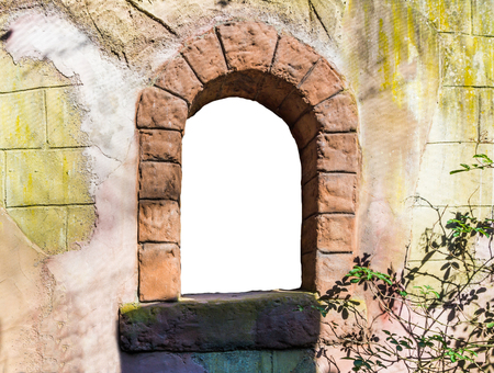 beautiful and romantic open empty castle tower window framework isolated on white fairytale background textureの写真素材